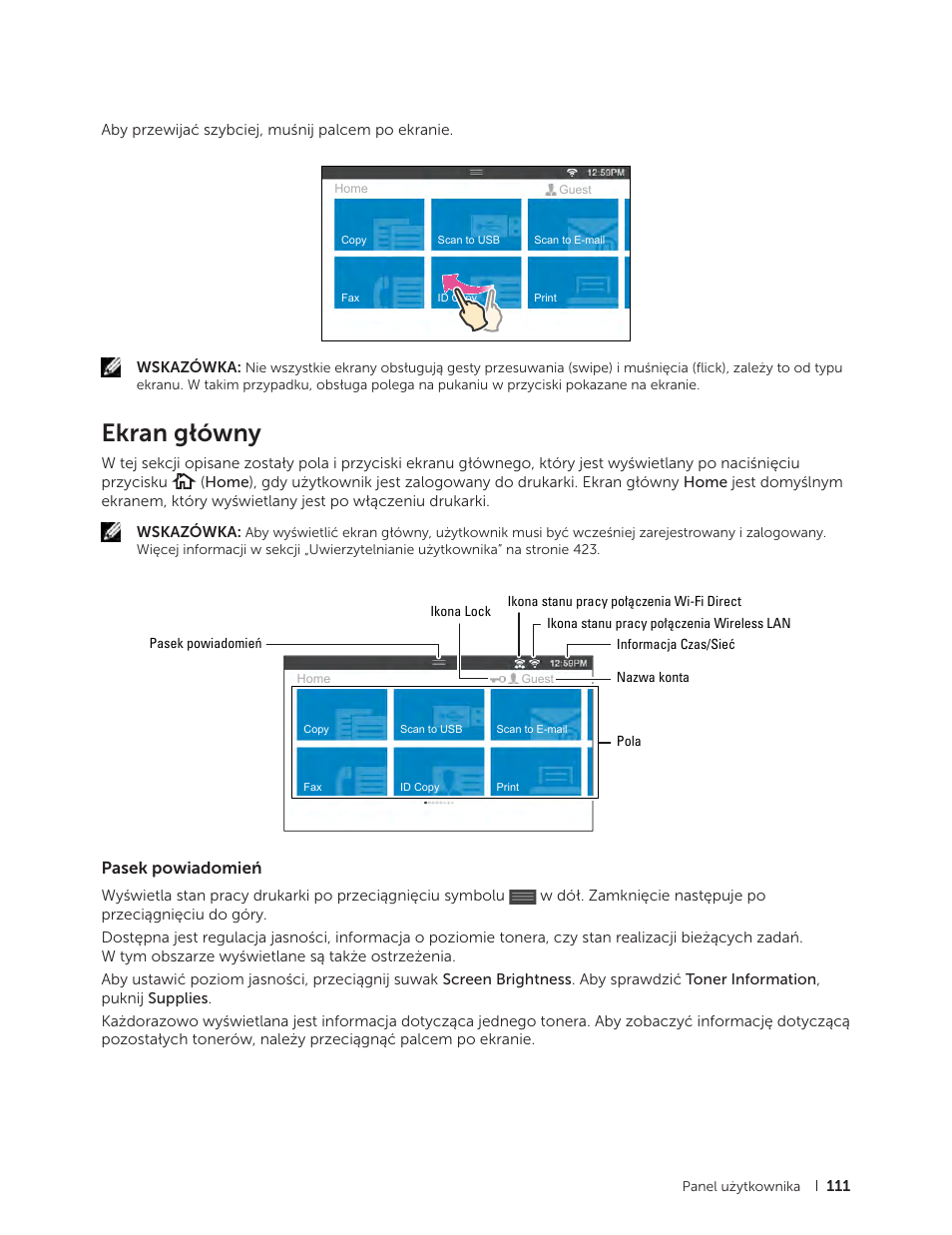 Ekran główny, Pasek powiadomień | Dell C2665dnf Color Laser Printer User Manual | Page 111 / 564
