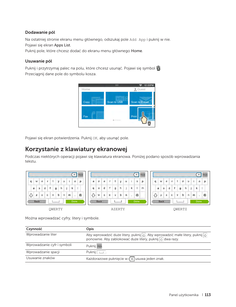 Dodawanie pól, Usuwanie pól, Korzystanie z klawiatury ekranowej | Dodawanie pól usuwanie pól | Dell C2665dnf Color Laser Printer User Manual | Page 113 / 564