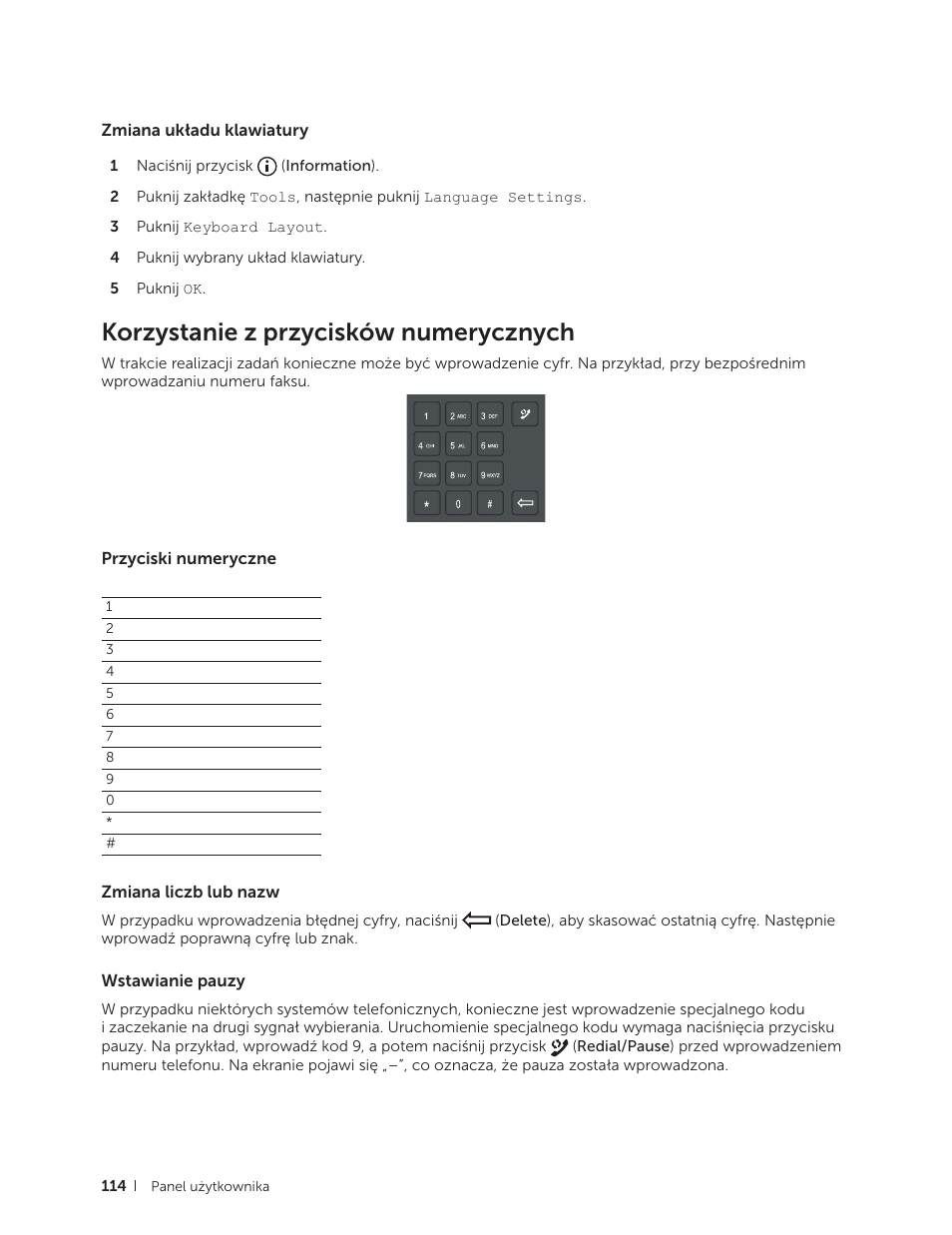 Zmiana układu klawiatury, Korzystanie z przycisków numerycznych, Przyciski numeryczne | Zmiana liczb lub nazw, Wstawianie pauzy | Dell C2665dnf Color Laser Printer User Manual | Page 114 / 564