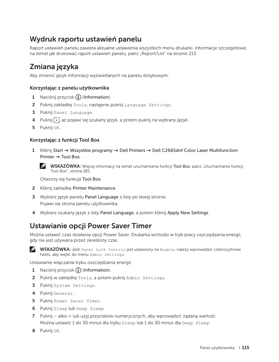 Wydruk raportu ustawień panelu, Zmiana języka, Korzystając z panelu użytkownika | Korzystając z funkcji tool box, Ustawianie opcji power saver timer | Dell C2665dnf Color Laser Printer User Manual | Page 115 / 564