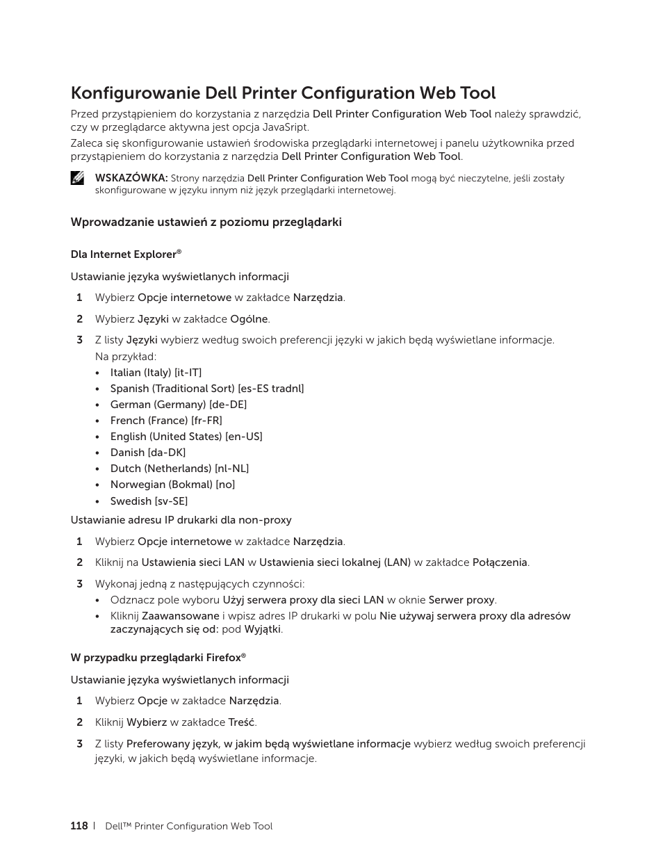 Konfigurowanie dell printer configuration web tool, Wprowadzanie ustawień z poziomu przeglądarki | Dell C2665dnf Color Laser Printer User Manual | Page 118 / 564