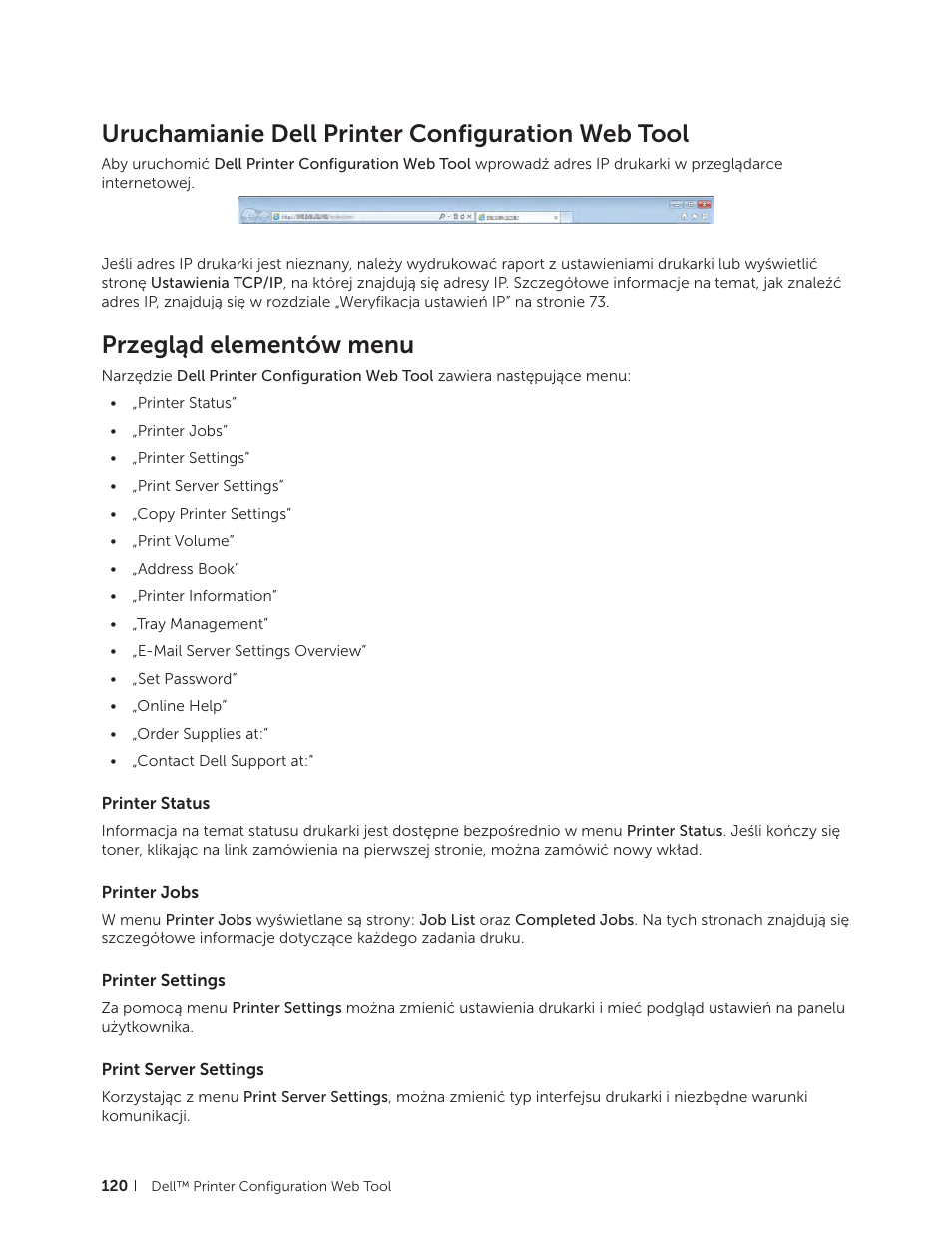 Uruchamianie dell printer configuration web tool, Przegląd elementów menu, Printer status | Printer jobs, Printer settings, Print server settings | Dell C2665dnf Color Laser Printer User Manual | Page 120 / 564