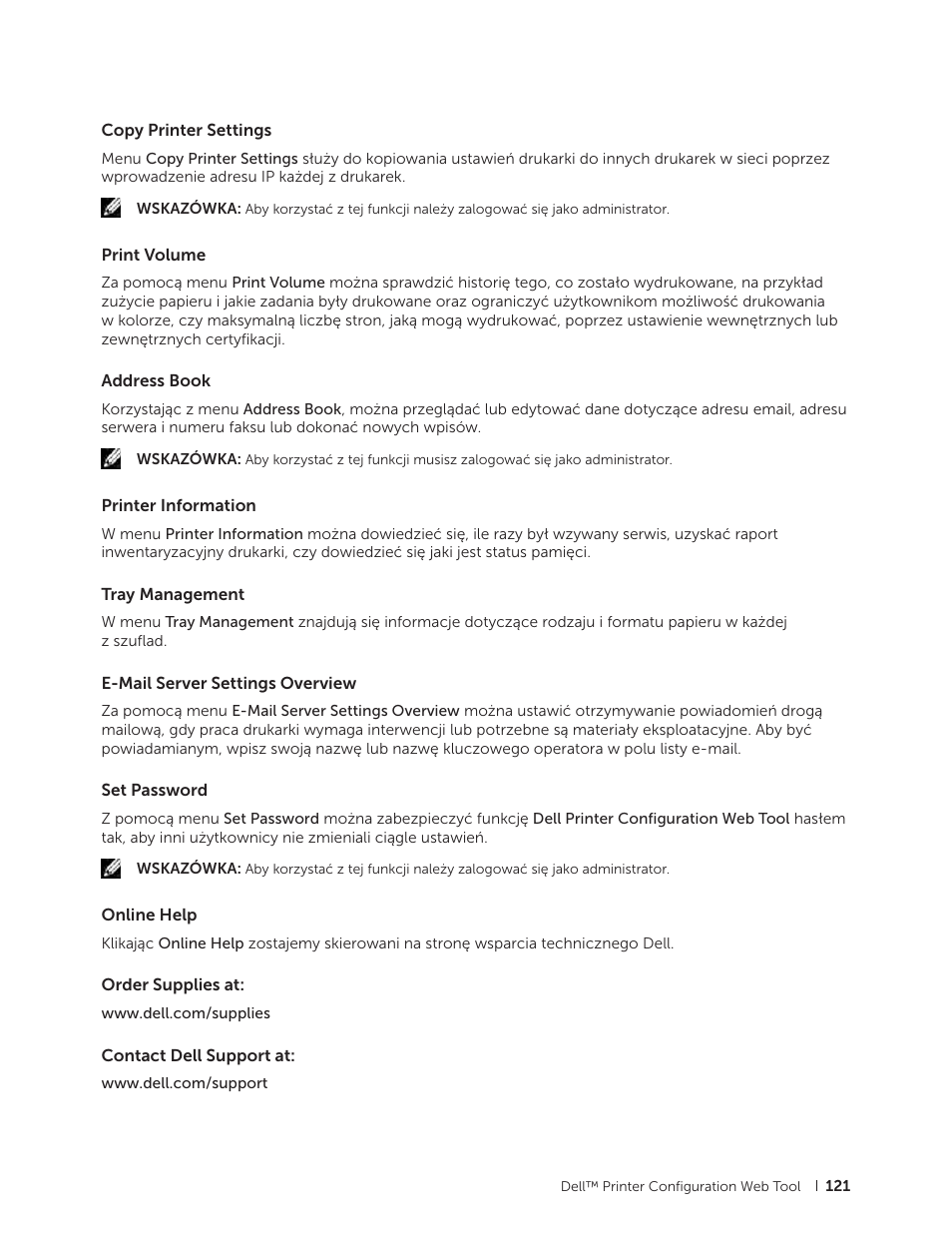 Copy printer settings, Print volume, Address book | Printer information, Tray management, E-mail server settings overview, Set password, Online help, Order supplies at, Contact dell support at | Dell C2665dnf Color Laser Printer User Manual | Page 121 / 564