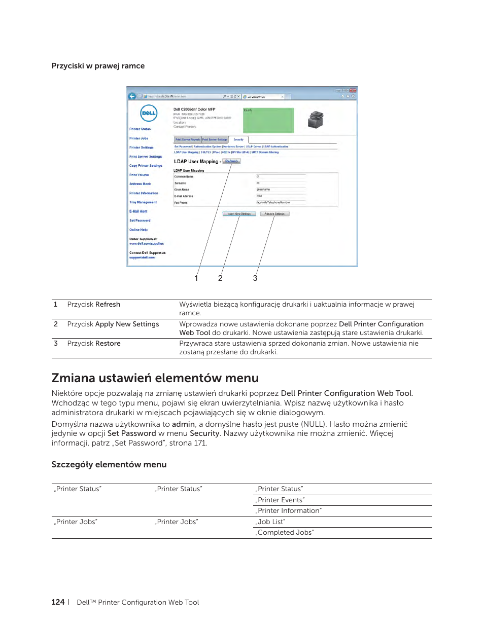 Zmiana ustawień elementów menu, Szczegóły elementów menu | Dell C2665dnf Color Laser Printer User Manual | Page 124 / 564