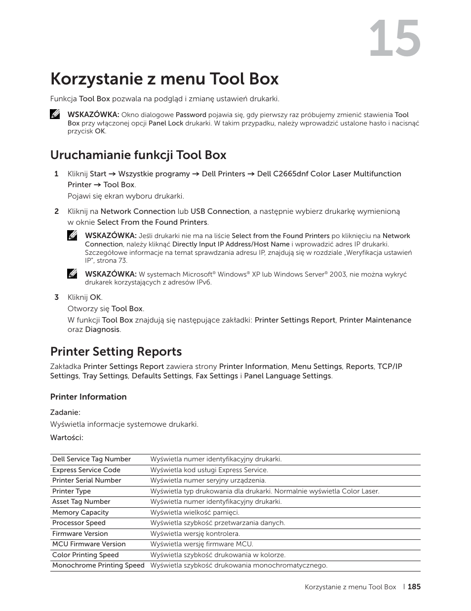 Korzystanie z menu tool box, Uruchamianie funkcji tool box, Printer setting reports | Printer information, 15 korzystanie z menu tool box | Dell C2665dnf Color Laser Printer User Manual | Page 185 / 564