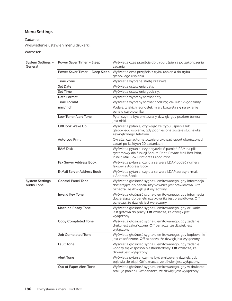 Menu settings | Dell C2665dnf Color Laser Printer User Manual | Page 186 / 564