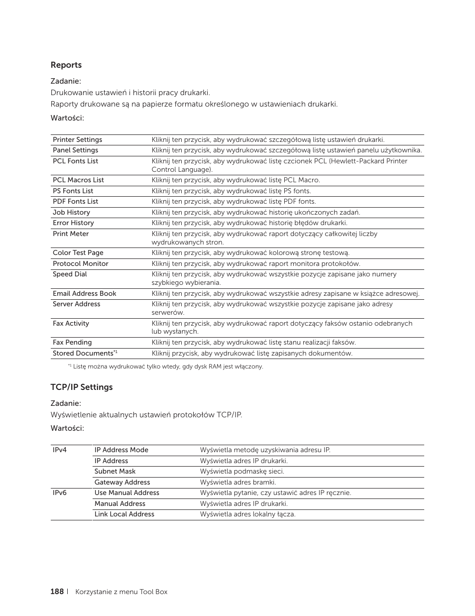 Reports, Tcp/ip settings, Reports tcp/ip settings | Dell C2665dnf Color Laser Printer User Manual | Page 188 / 564