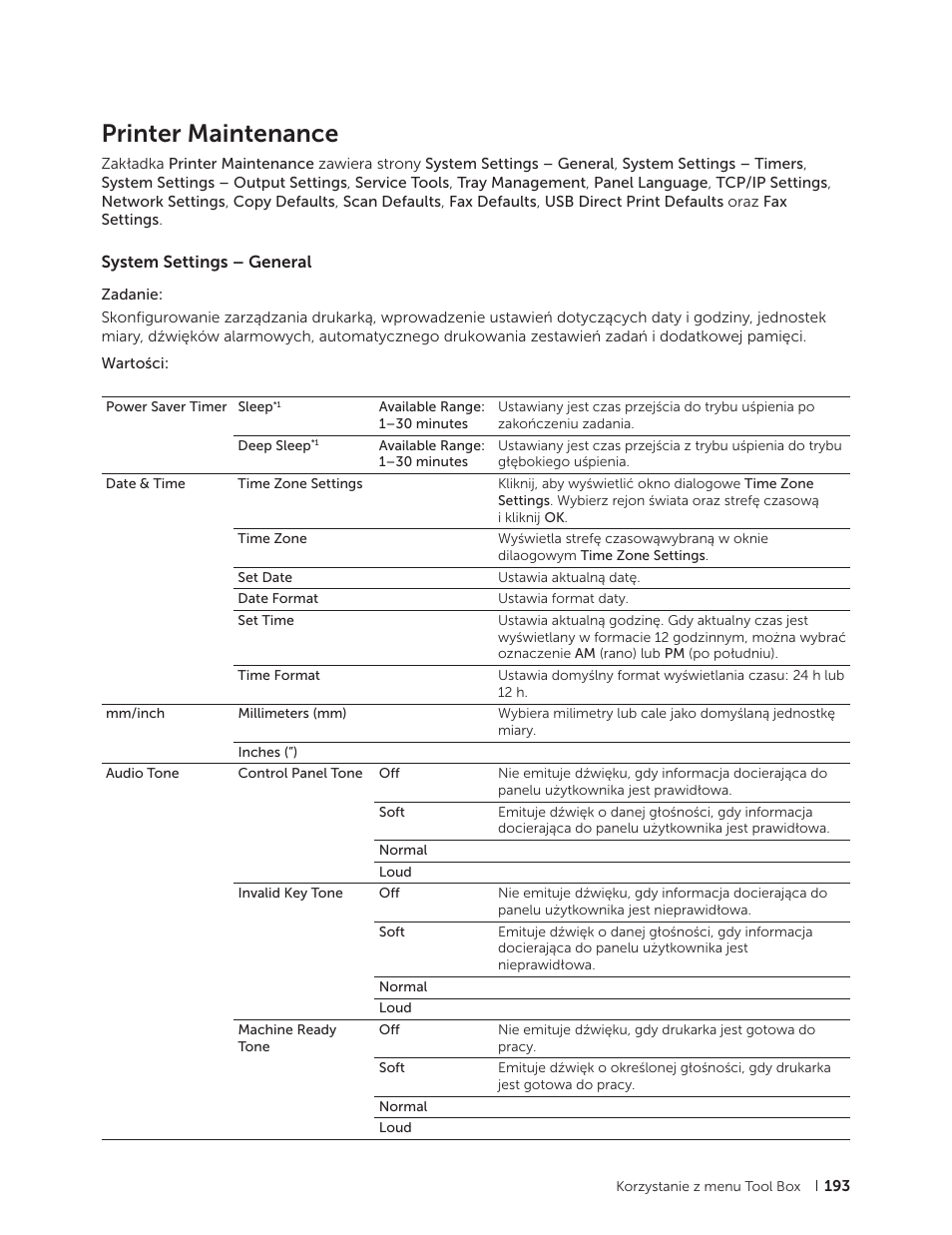 Printer maintenance, System settings – general | Dell C2665dnf Color Laser Printer User Manual | Page 193 / 564
