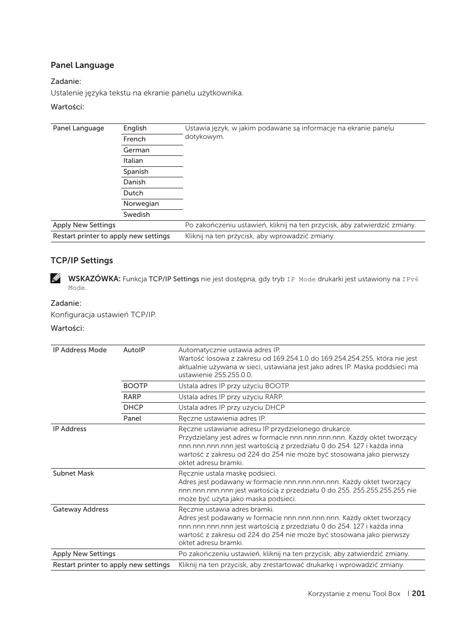 Panel language, Tcp/ip settings, Panel language tcp/ip settings | Dell C2665dnf Color Laser Printer User Manual | Page 201 / 564