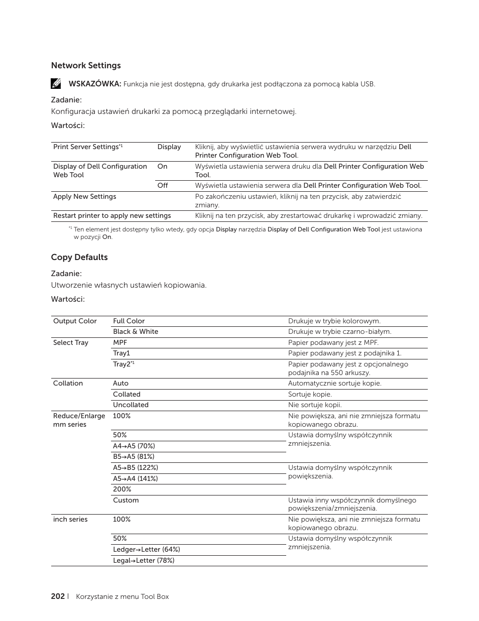 Network settings, Copy defaults, Network settings copy defaults | Dell C2665dnf Color Laser Printer User Manual | Page 202 / 564