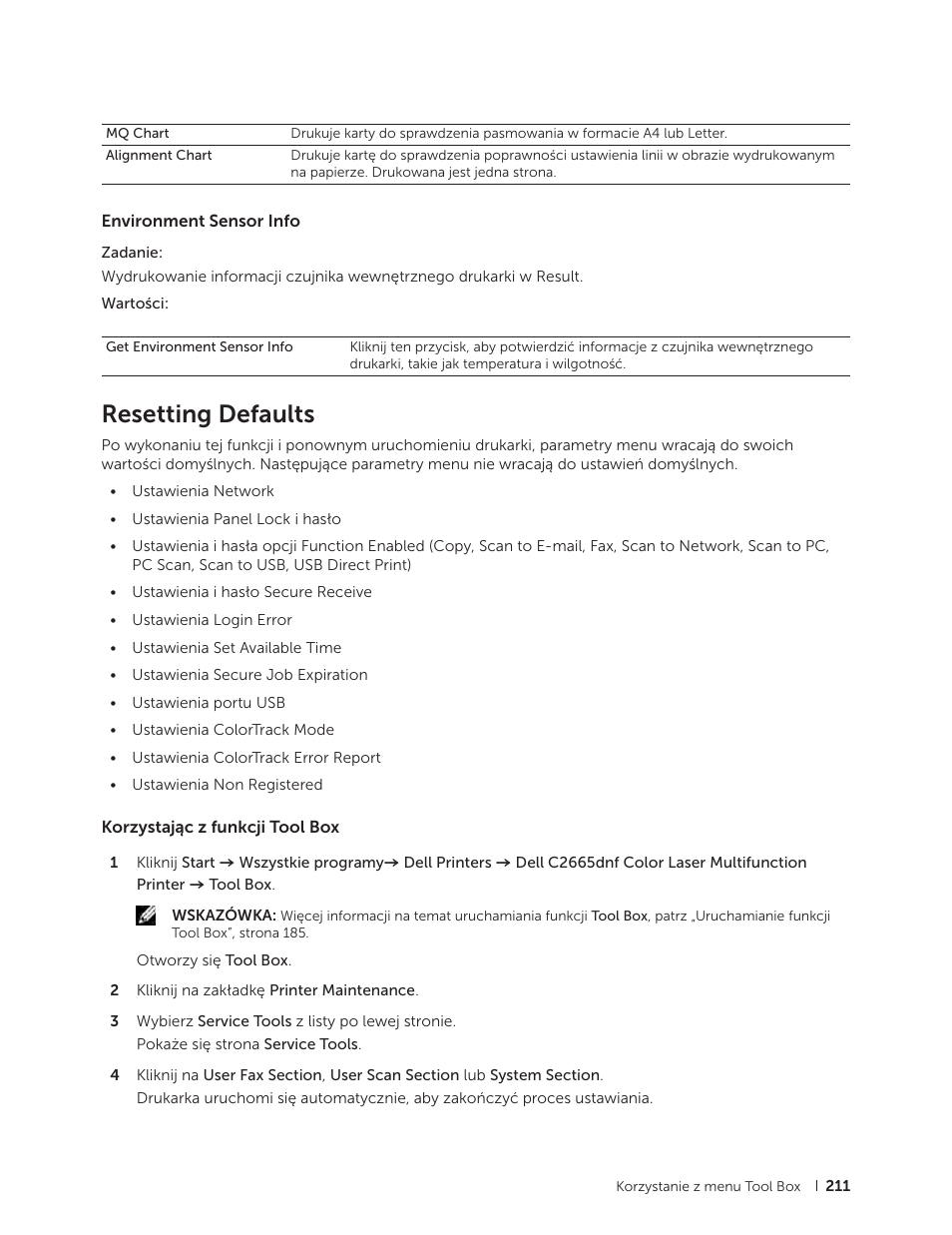Environment sensor info, Resetting defaults, Korzystając z funkcji tool box | Dell C2665dnf Color Laser Printer User Manual | Page 211 / 564