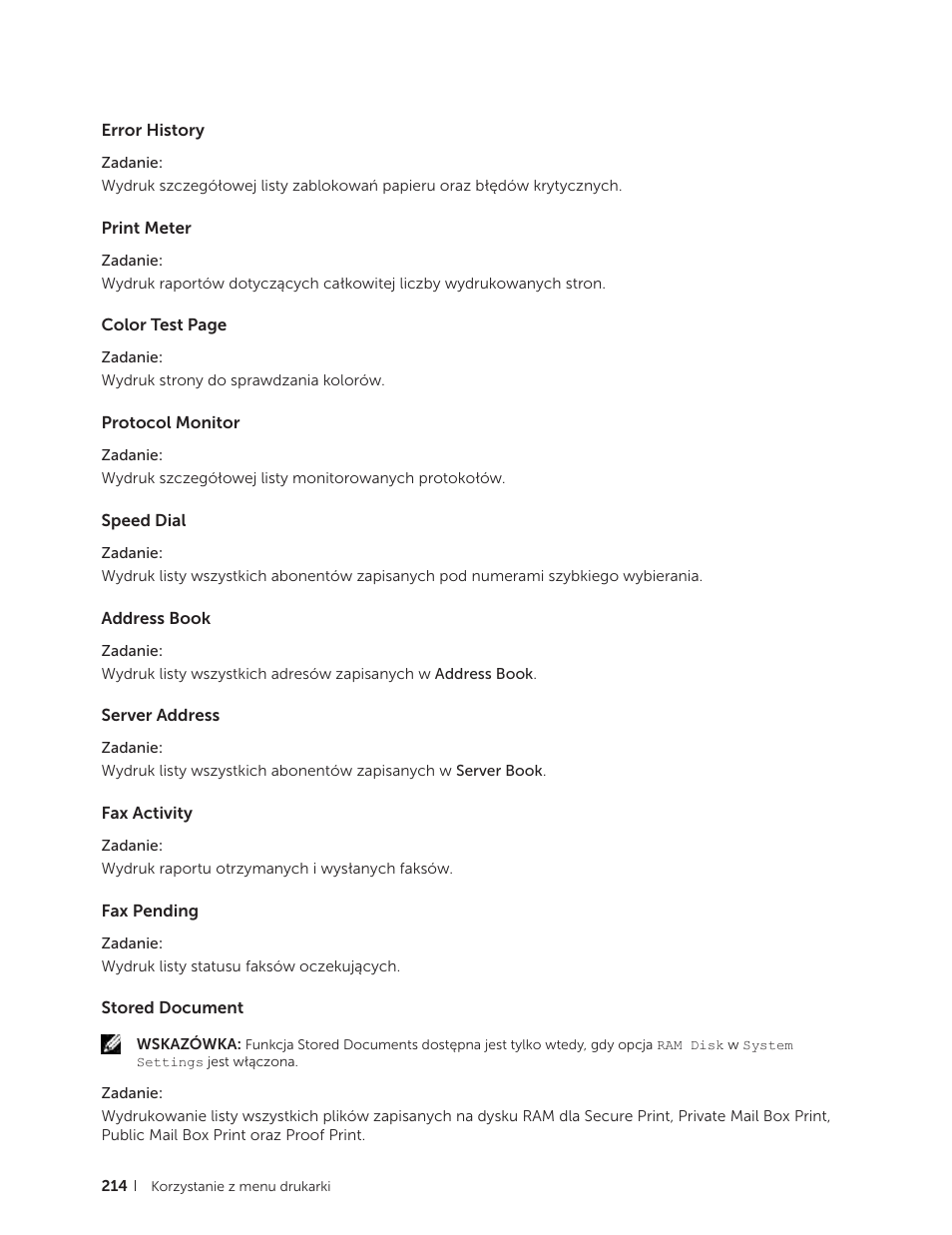 Error history, Print meter, Protocol monitor | Speed dial, Address book, Server address, Fax activity, Fax pending, Stored document | Dell C2665dnf Color Laser Printer User Manual | Page 214 / 564