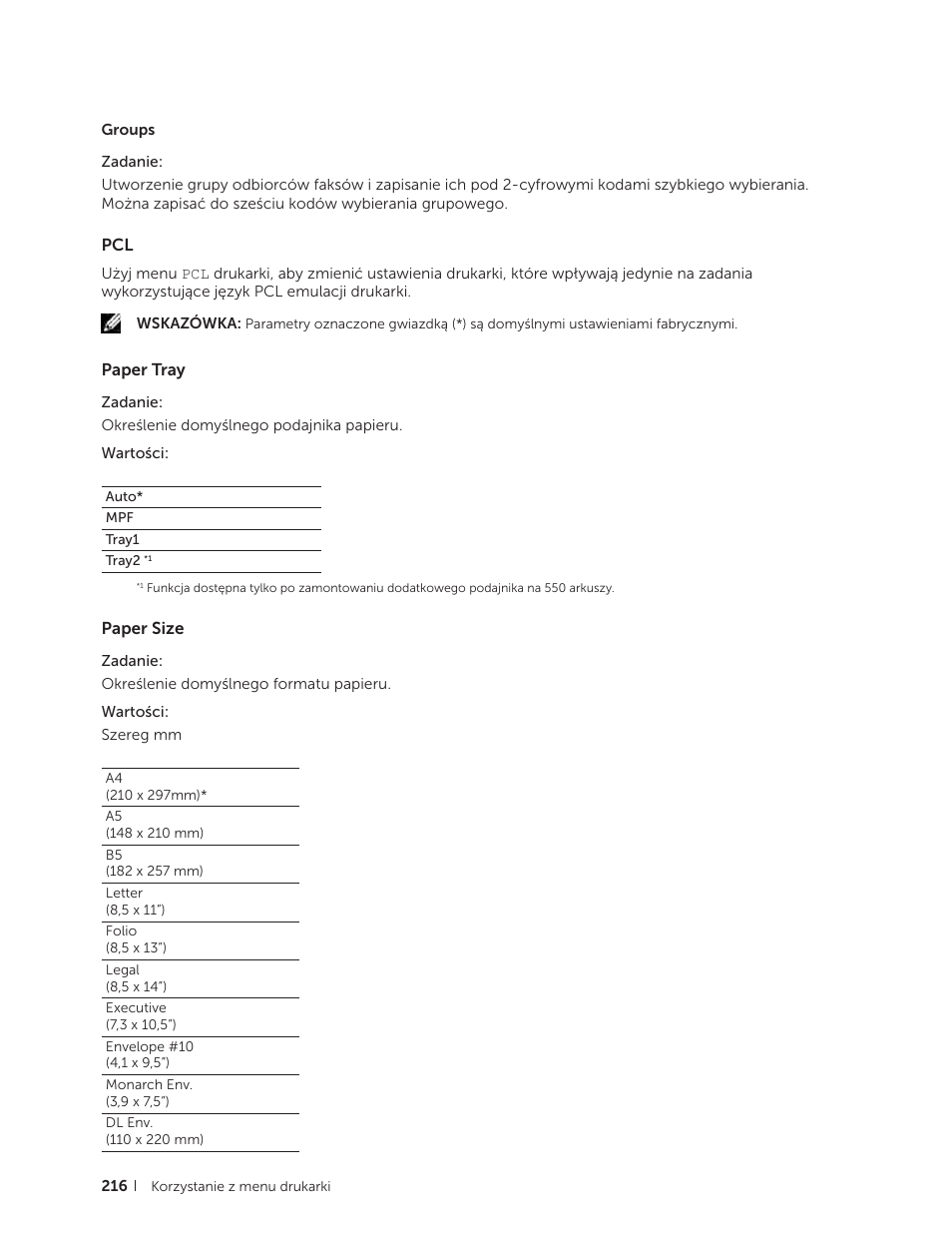 Paper tray, Paper size, Pcl paper tray paper size | Dell C2665dnf Color Laser Printer User Manual | Page 216 / 564