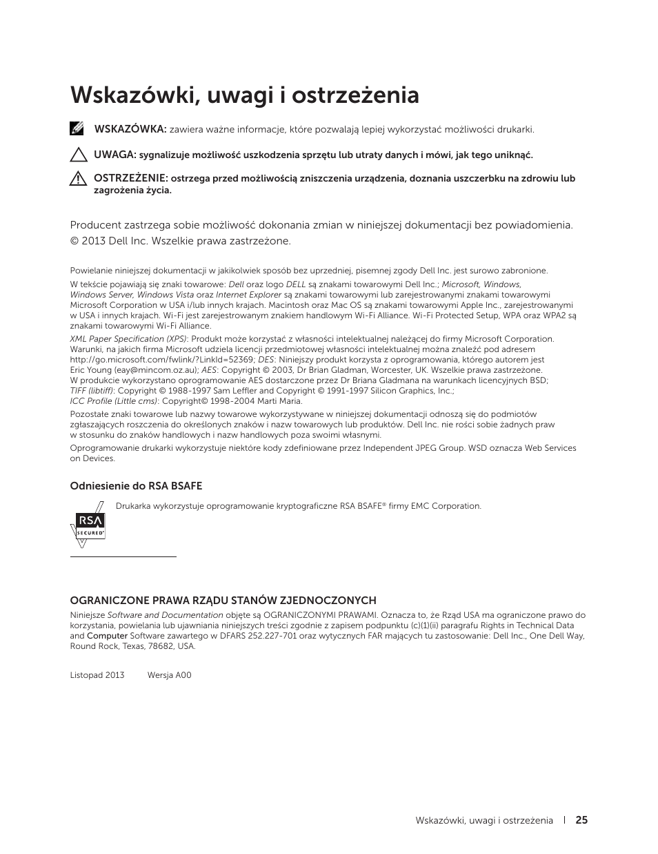 Wskazówki, uwagi i ostrzeżenia | Dell C2665dnf Color Laser Printer User Manual | Page 25 / 564