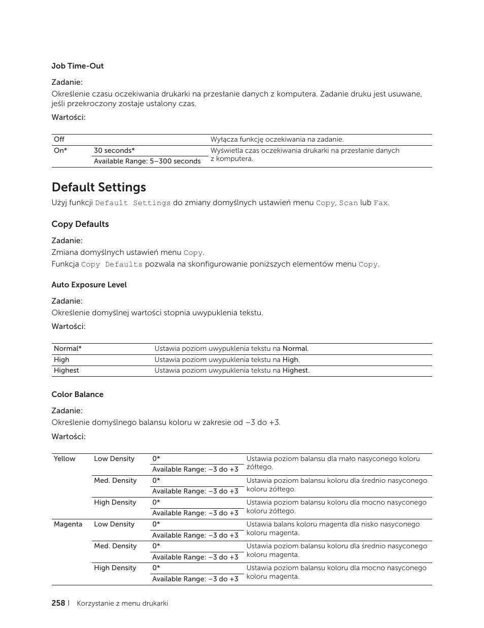 Default settings, Copy defaults | Dell C2665dnf Color Laser Printer User Manual | Page 258 / 564