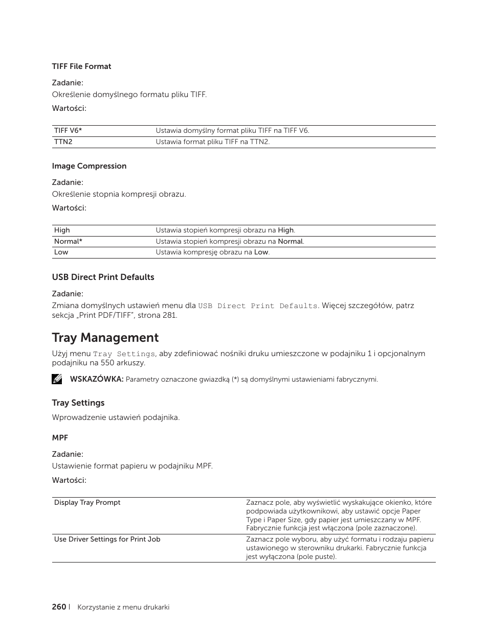 Usb direct print defaults, Tray management, Tray settings | Dell C2665dnf Color Laser Printer User Manual | Page 260 / 564