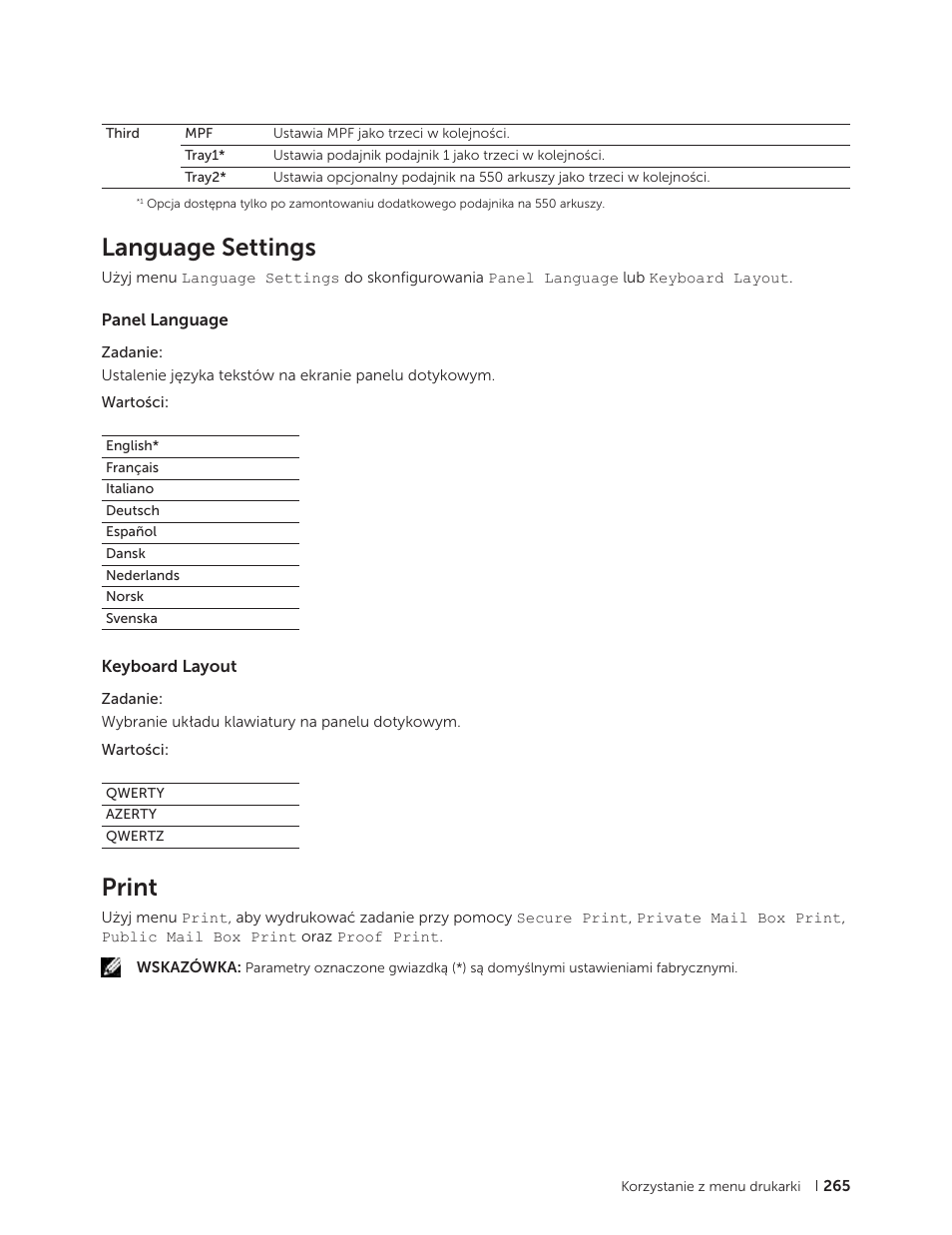 Language settings, Panel language, Keyboard layout | Print, Panel language keyboard layout | Dell C2665dnf Color Laser Printer User Manual | Page 265 / 564