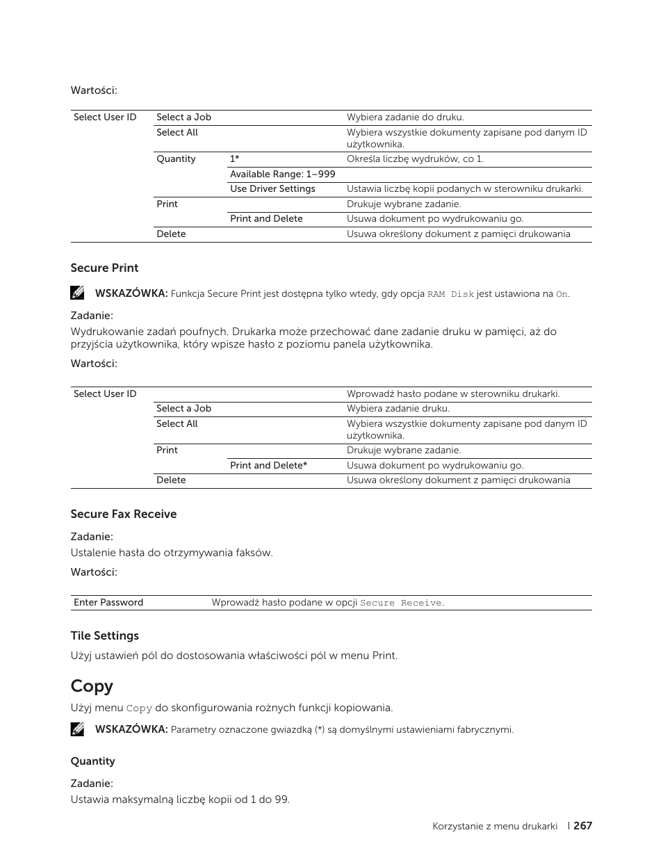 Secure print, Secure fax receive, Tile settings | Copy, Secure print secure fax receive tile settings | Dell C2665dnf Color Laser Printer User Manual | Page 267 / 564