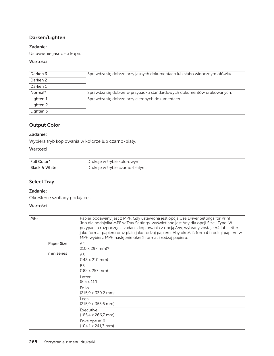 Darken/lighten, Output color, Select tray | Darken/lighten output color select tray | Dell C2665dnf Color Laser Printer User Manual | Page 268 / 564