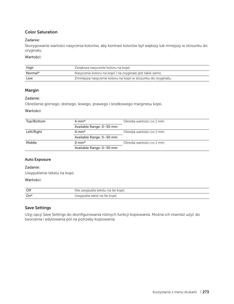 Color saturation, Margin, Save settings | Color saturation margin save settings | Dell C2665dnf Color Laser Printer User Manual | Page 273 / 564