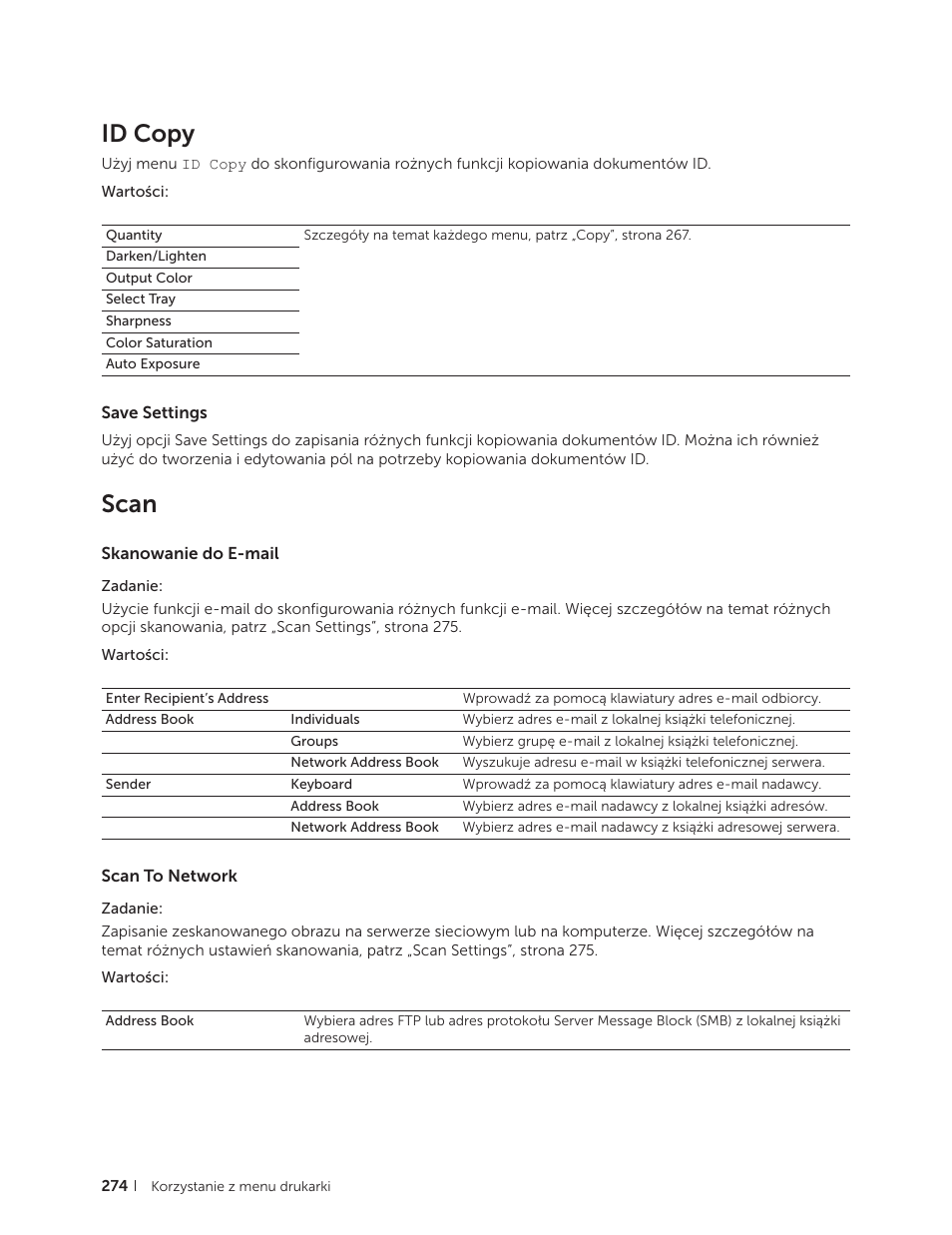 Id copy, Save settings, Scan | Skanowanie do e-mail, Scan to network, Skanowanie do e-mail scan to network | Dell C2665dnf Color Laser Printer User Manual | Page 274 / 564
