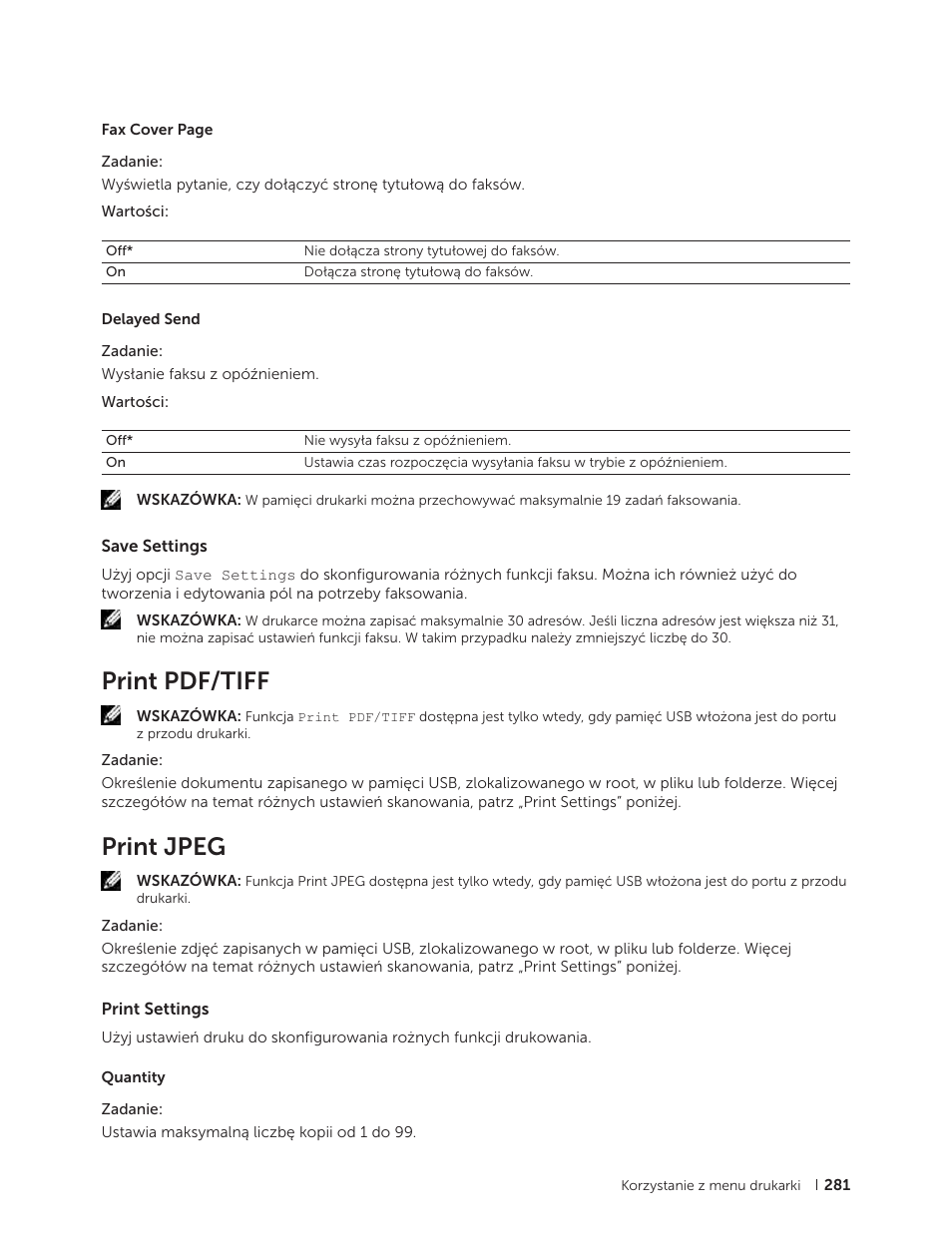 Save settings, Print pdf/tiff, Print jpeg | Print settings | Dell C2665dnf Color Laser Printer User Manual | Page 281 / 564