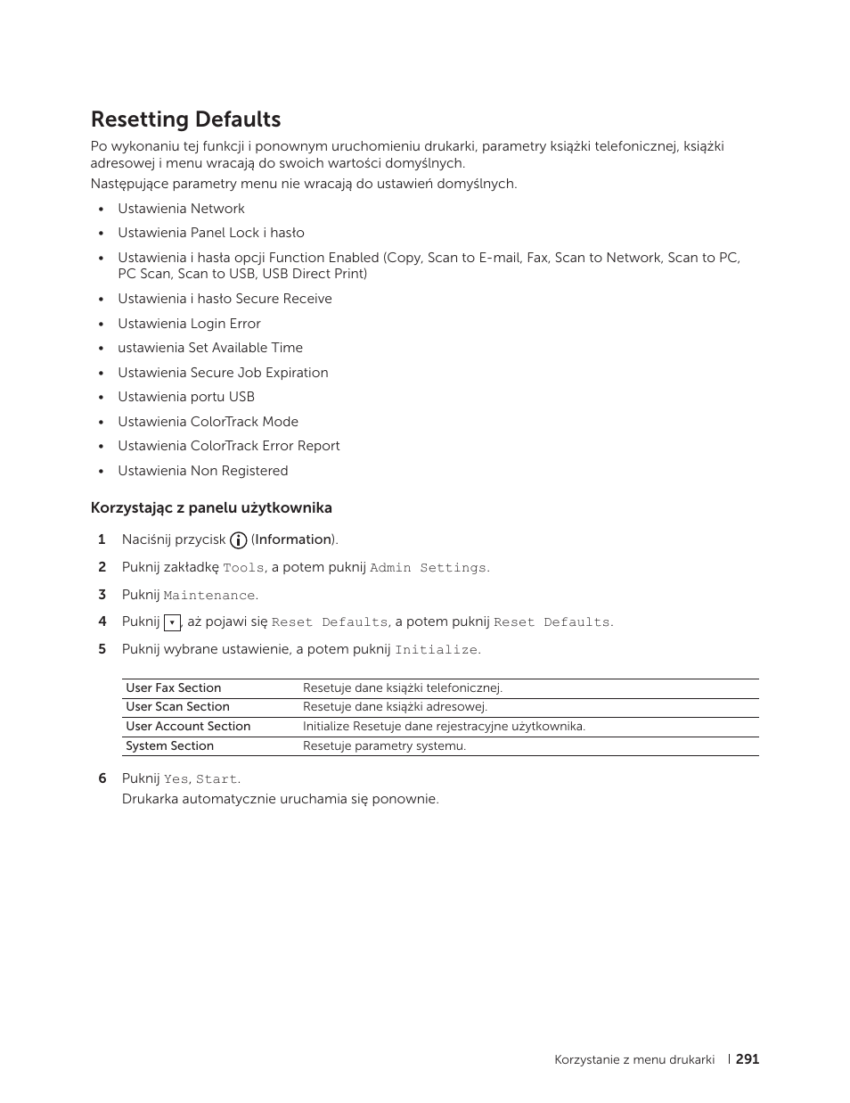 Resetting defaults, Korzystając z panelu użytkownika | Dell C2665dnf Color Laser Printer User Manual | Page 291 / 564