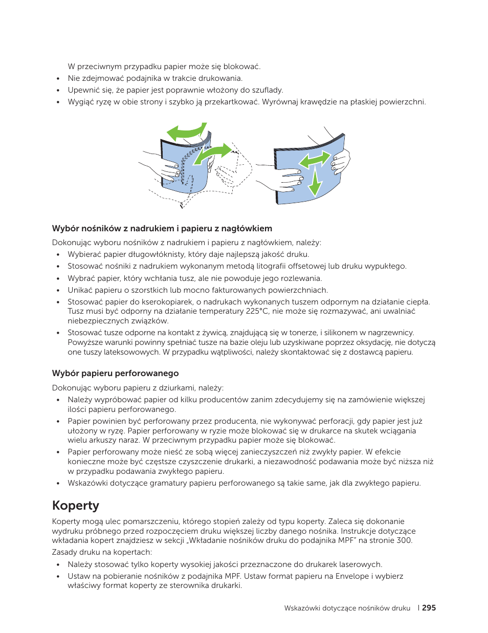Wybór nośników z nadrukiem i papieru z nagłówkiem, Wybór papieru perforowanego, Koperty | Dell C2665dnf Color Laser Printer User Manual | Page 295 / 564