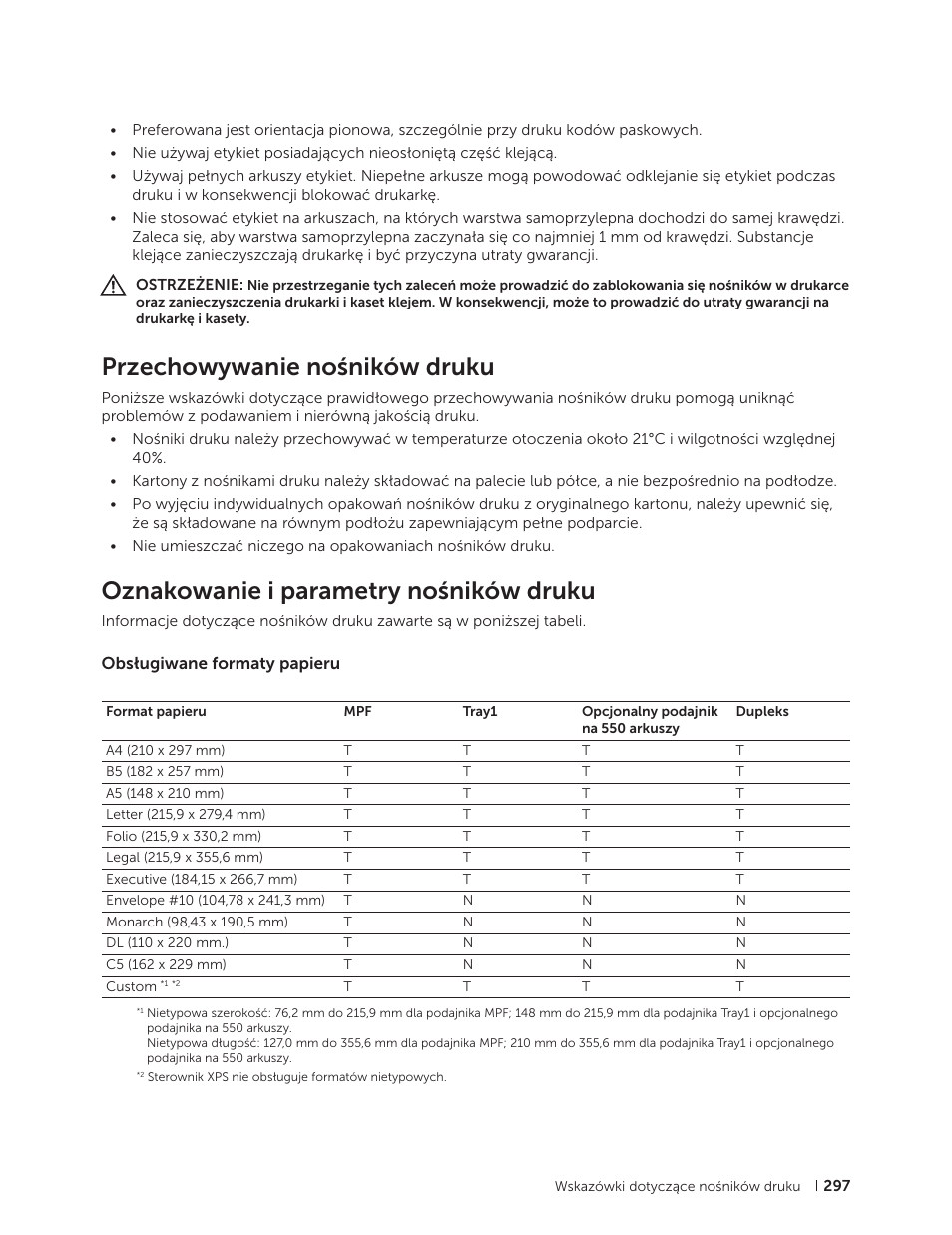 Przechowywanie nośników druku, Oznakowanie i parametry nośników druku, Obsługiwane formaty papieru | Dell C2665dnf Color Laser Printer User Manual | Page 297 / 564