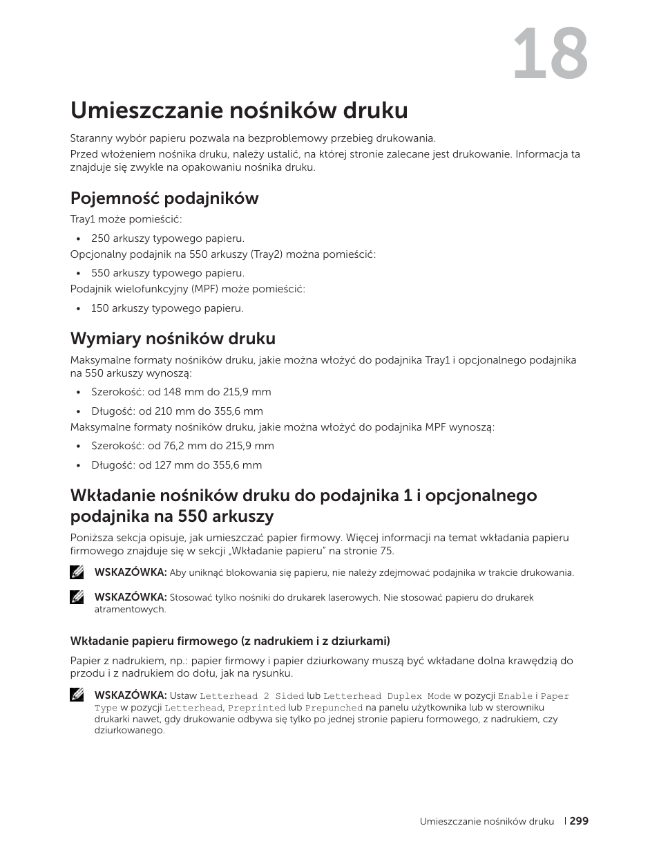 Umieszczanie nośników druku, Pojemność podajników, Wymiary nośników druku | 18 wkładanie nośników druku | Dell C2665dnf Color Laser Printer User Manual | Page 299 / 564