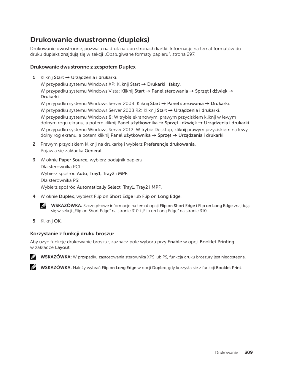 Drukowanie dwustronne (dupleks), Drukowanie dwustronne z zespołem duplex, Korzystanie z funkcji druku broszur | Dell C2665dnf Color Laser Printer User Manual | Page 309 / 564