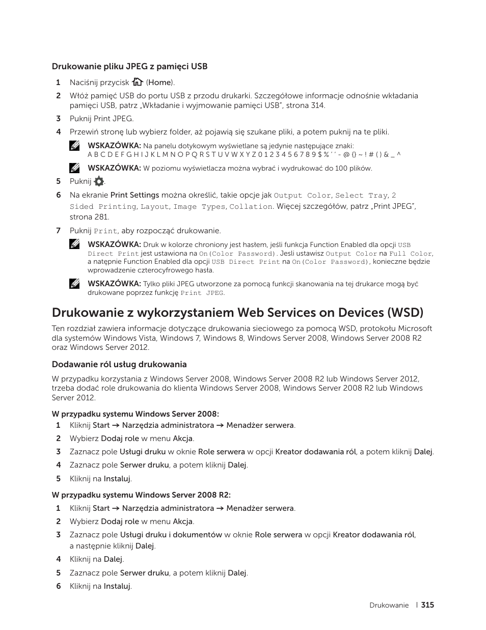 Drukowanie pliku jpeg z pamięci usb, Dodawanie ról usług drukowania | Dell C2665dnf Color Laser Printer User Manual | Page 315 / 564