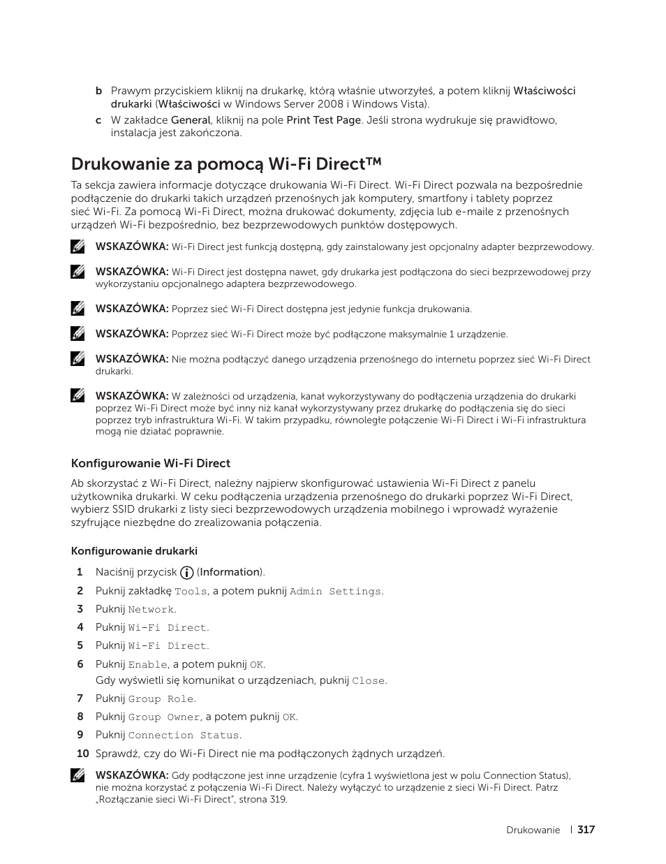 Drukowanie za pomocą wi-fi direct, Konfigurowanie wi-fi direct | Dell C2665dnf Color Laser Printer User Manual | Page 317 / 564