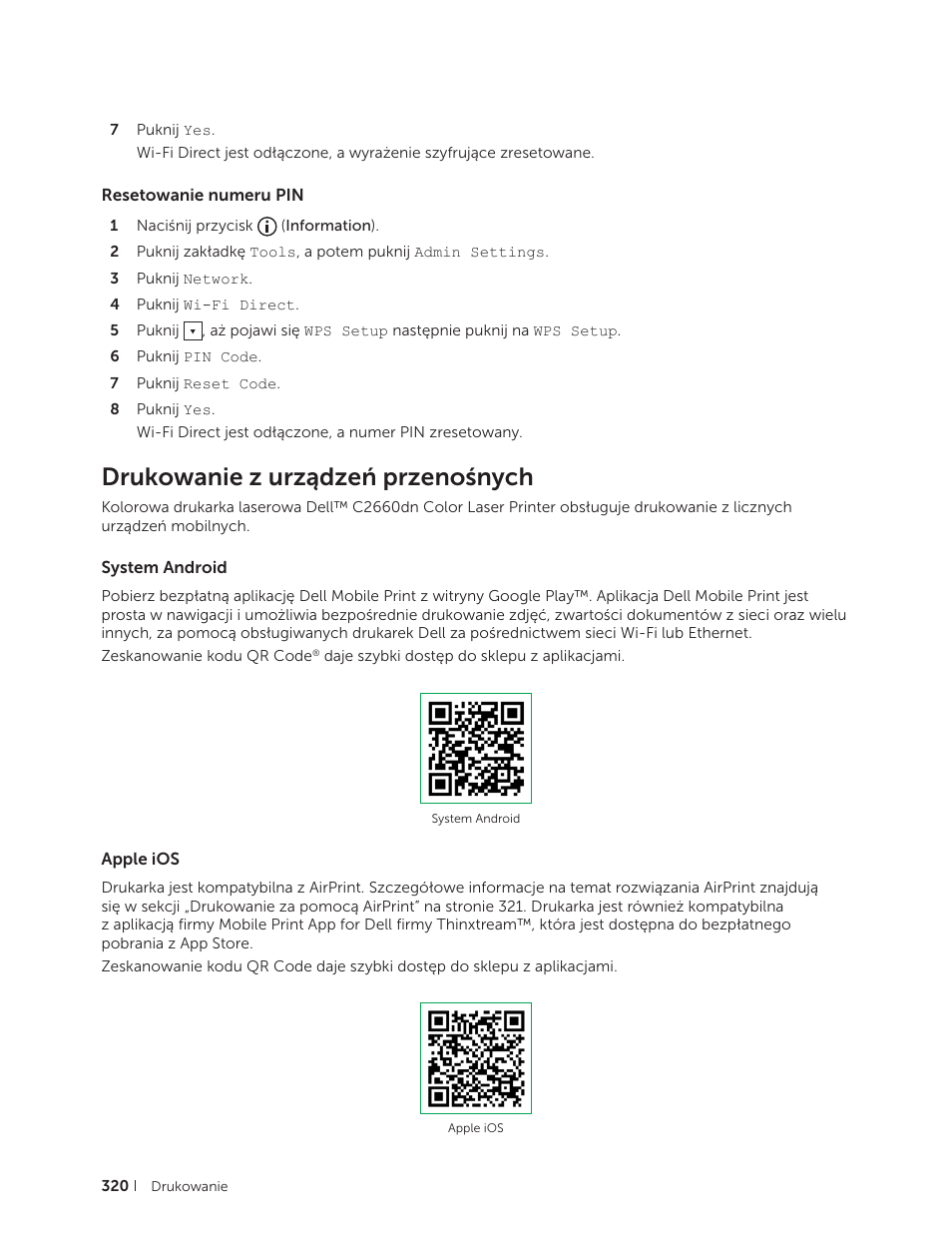 Resetowanie numeru pin, Drukowanie z urządzeń przenośnych, System android | Apple ios, System android apple ios | Dell C2665dnf Color Laser Printer User Manual | Page 320 / 564