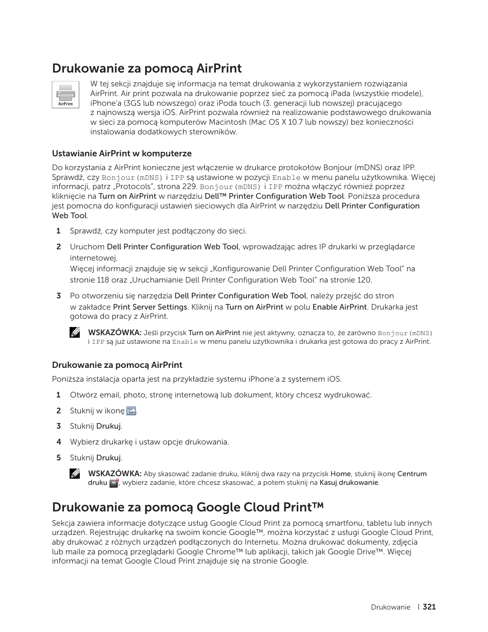 Drukowanie za pomocą airprint, Ustawianie airprint w komputerze, Drukowanie za pomocą google cloud print | Dell C2665dnf Color Laser Printer User Manual | Page 321 / 564