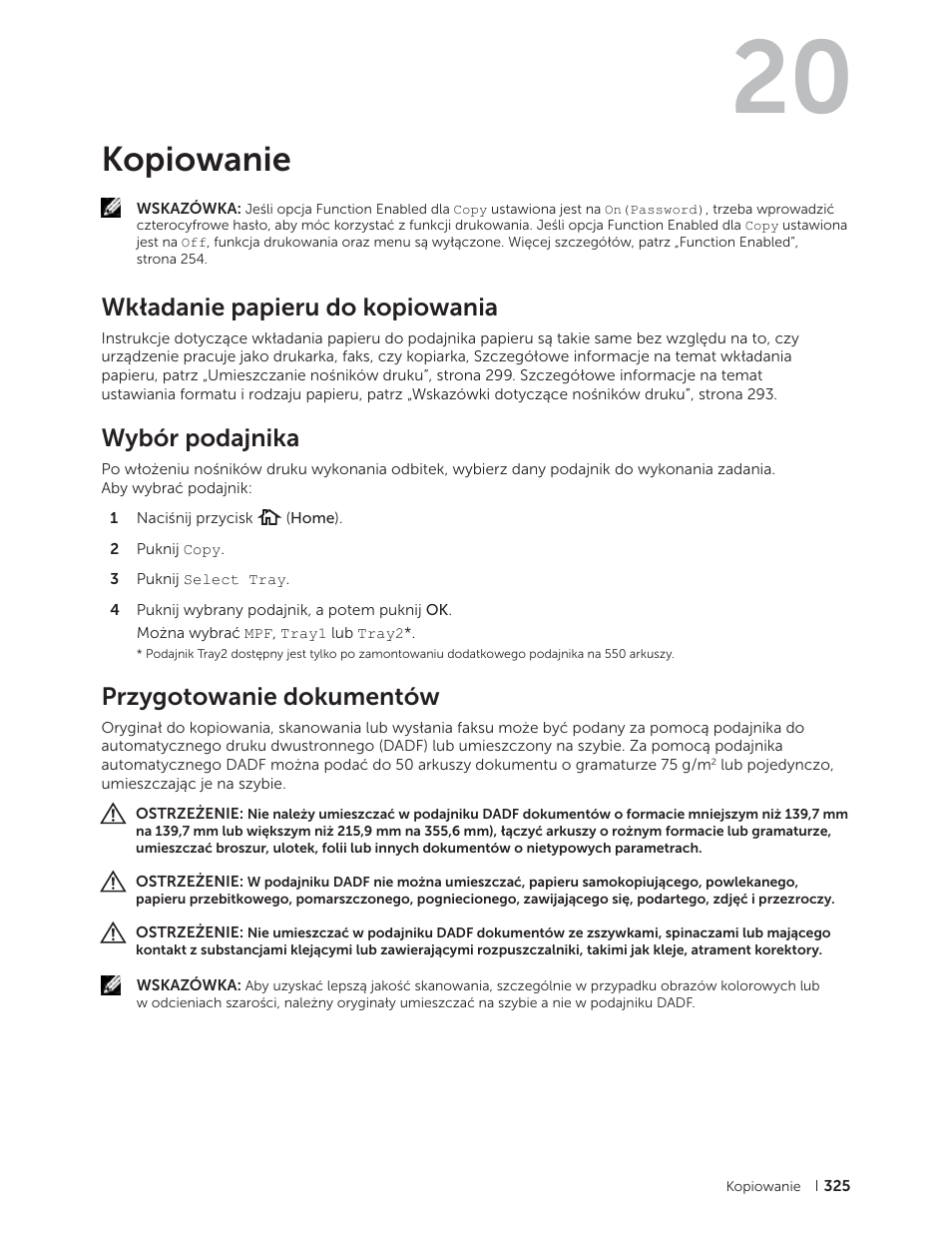 Kopiowanie, Wkładanie papieru do kopiowania, Wybór podajnika | Przygotowanie dokumentów, 20 kopiowanie | Dell C2665dnf Color Laser Printer User Manual | Page 325 / 564