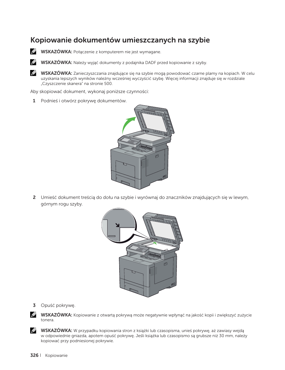 Kopiowanie dokumentów umieszczanych na szybie | Dell C2665dnf Color Laser Printer User Manual | Page 326 / 564