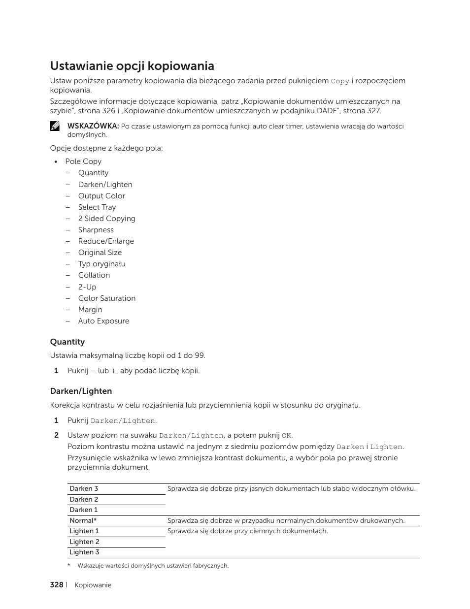 Ustawianie opcji kopiowania, Quantity, Darken/lighten | Quantity darken/lighten | Dell C2665dnf Color Laser Printer User Manual | Page 328 / 564
