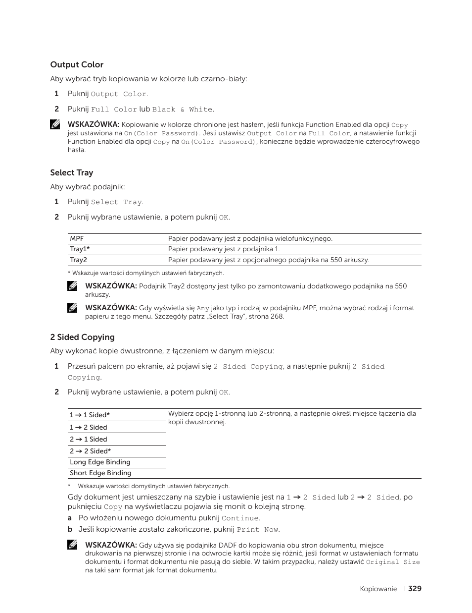 Output color, Select tray, 2 sided copying | Output color select tray 2 sided copying | Dell C2665dnf Color Laser Printer User Manual | Page 329 / 564