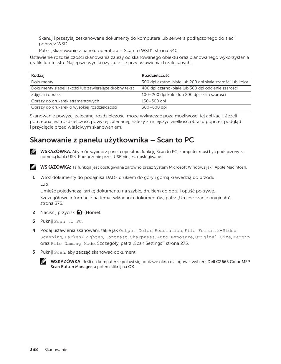 Skanowanie z panelu użytkownika – skanowanie do pc, Skanowanie z panelu użytkownika – scan to pc | Dell C2665dnf Color Laser Printer User Manual | Page 338 / 564