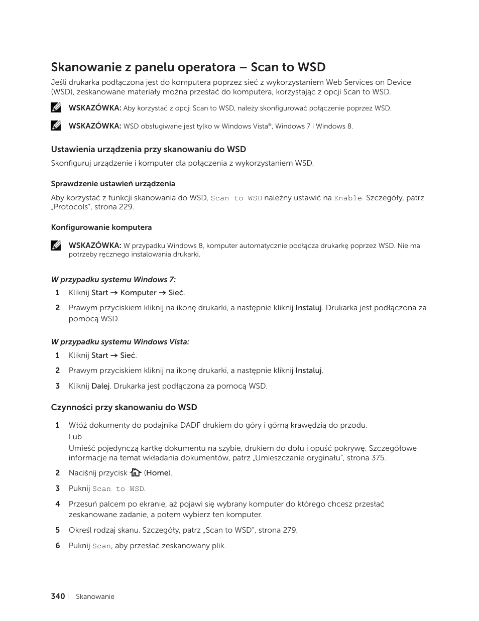 Skanowanie z panelu operatora – scan to wsd, Ustawienia urządzenia przy skanowaniu do wsd, Czynności przy skanowaniu do wsd | Dell C2665dnf Color Laser Printer User Manual | Page 340 / 564