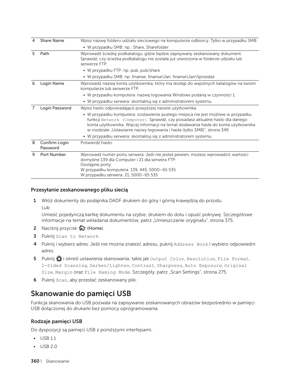 Przesyłanie zeskanowanego pliku siecią, Skanowanie do pamięci usb, Rodzaje pamięci usb | Dell C2665dnf Color Laser Printer User Manual | Page 360 / 564