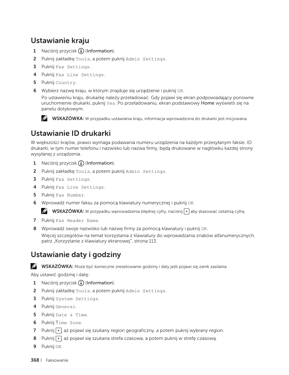 Ustawianie kraju, Ustawianie id drukarki, Ustawianie daty i godziny | Trz „ustawianie kraju | Dell C2665dnf Color Laser Printer User Manual | Page 368 / 564