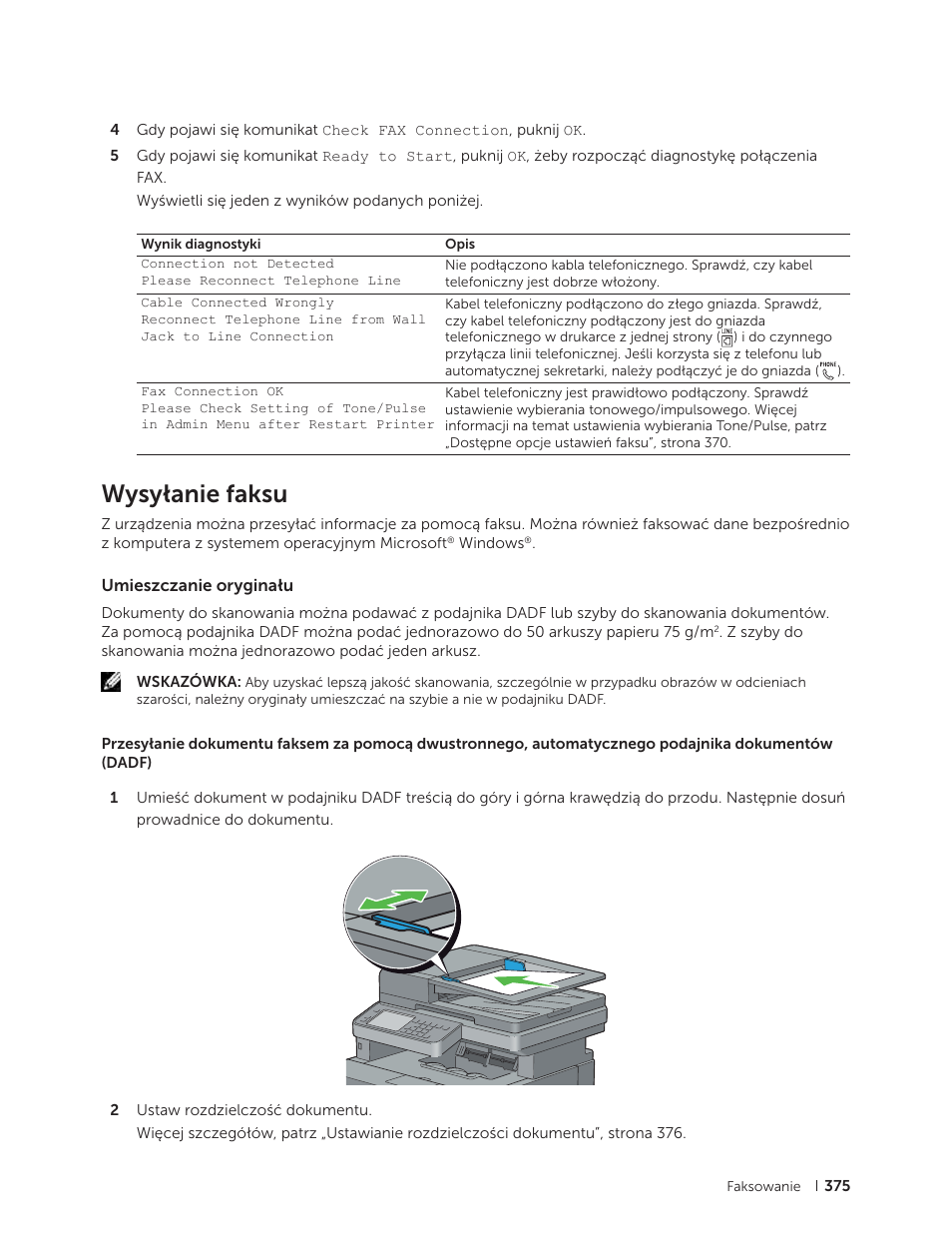 Wysyłanie faksu, Umieszczanie oryginału | Dell C2665dnf Color Laser Printer User Manual | Page 375 / 564