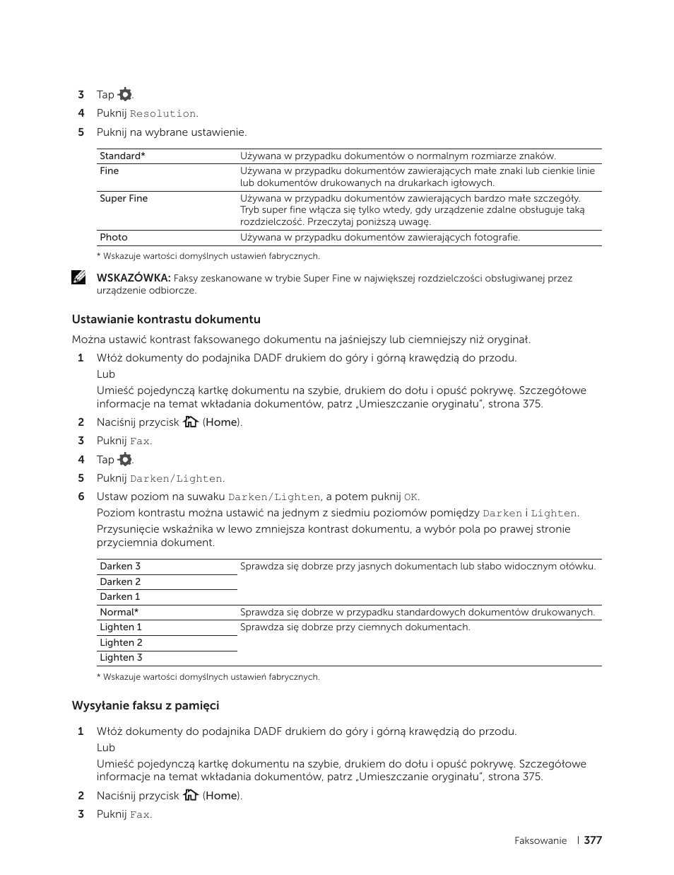 Ustawianie kontrastu dokumentu, Wysyłanie faksu z pamięci | Dell C2665dnf Color Laser Printer User Manual | Page 377 / 564