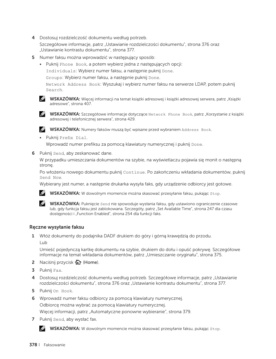 Ręczne wysyłanie faksu | Dell C2665dnf Color Laser Printer User Manual | Page 378 / 564