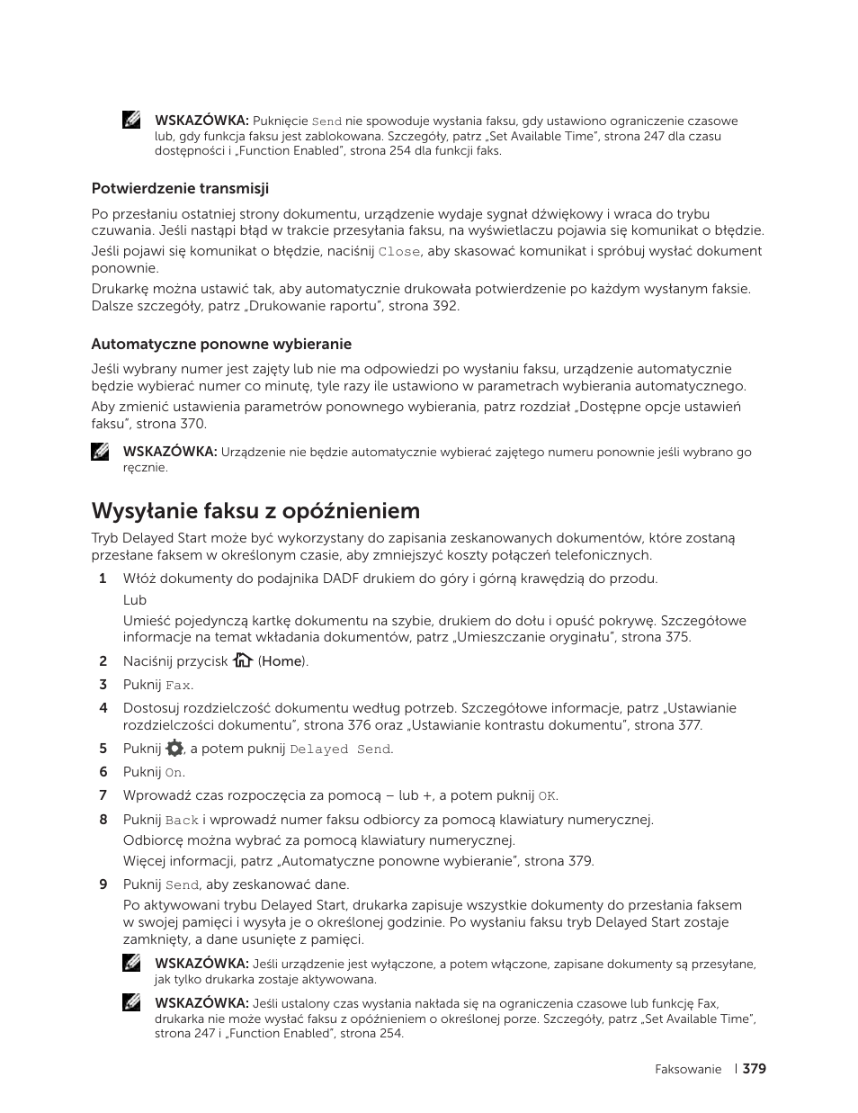 Potwierdzenie transmisji, Automatyczne ponowne wybieranie, Wysyłanie faksu z opóźnieniem | Dell C2665dnf Color Laser Printer User Manual | Page 379 / 564