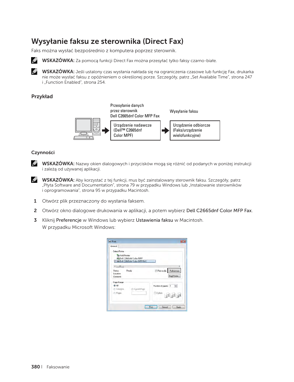 Wysyłanie faksu ze sterownika (direct fax), Przykład | Dell C2665dnf Color Laser Printer User Manual | Page 380 / 564