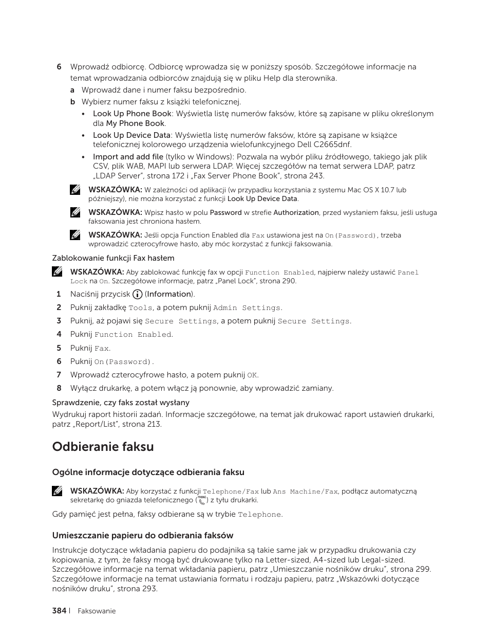 Odbieranie faksu, Ogólne informacje dotyczące odbierania faksu, Umieszczanie papieru do odbierania faksów | Dell C2665dnf Color Laser Printer User Manual | Page 384 / 564
