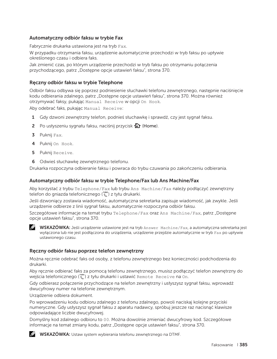 Automatyczny odbiór faksu w trybie fax, Ręczny odbiór faksu w trybie telephone, Ręczny odbiór faksu poprzez telefon zewnętrzny | Dell C2665dnf Color Laser Printer User Manual | Page 385 / 564